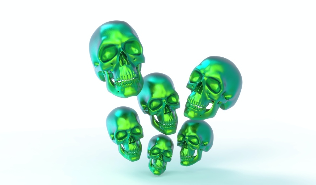 Зеленые стальные черепа на белом фоне