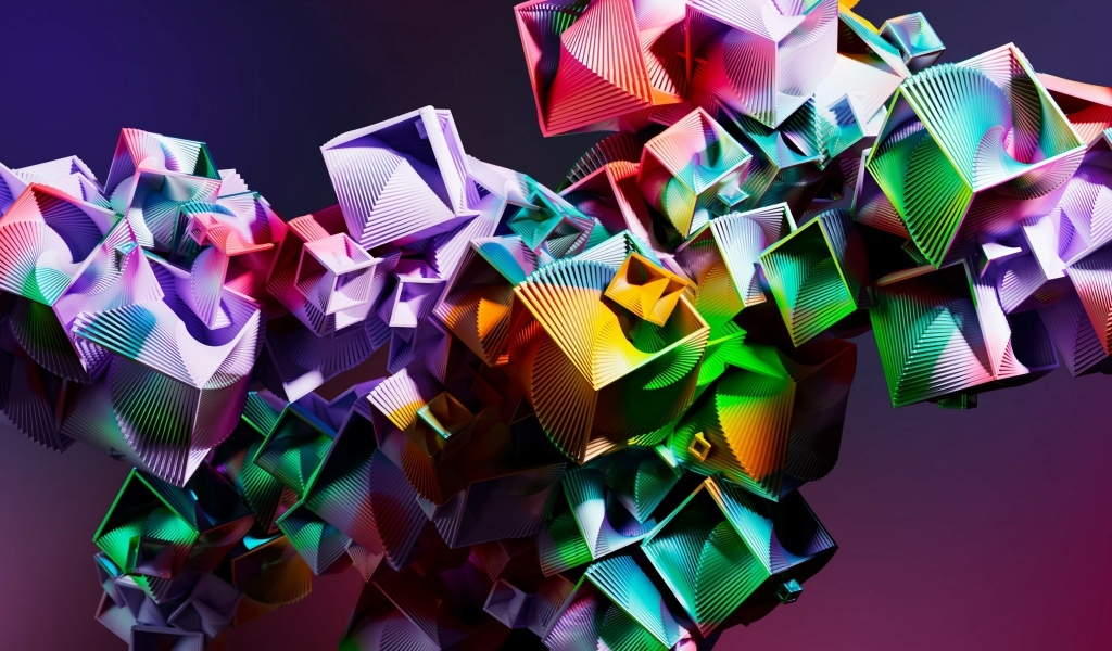 Много разноцветных квадратов на сиреневом фоне