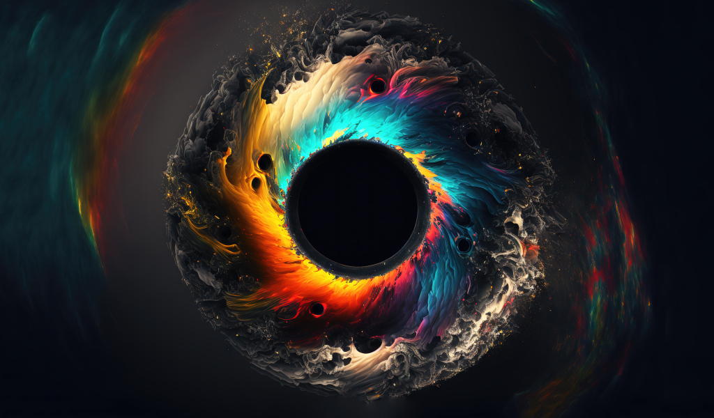 Разноцветный абстрактный глаз на черном фоне, 3д графика