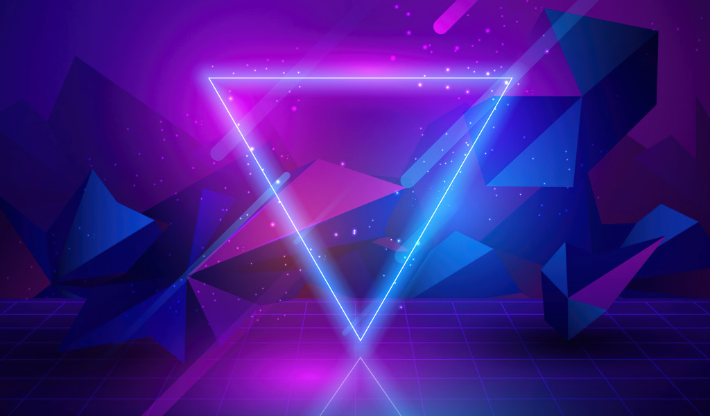 Неоновый 3д треугольник на фиолетовом фоне
