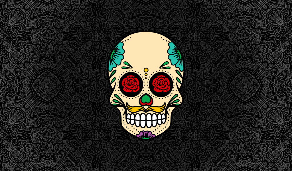 Нарисованный череп на сером фоне с узорами