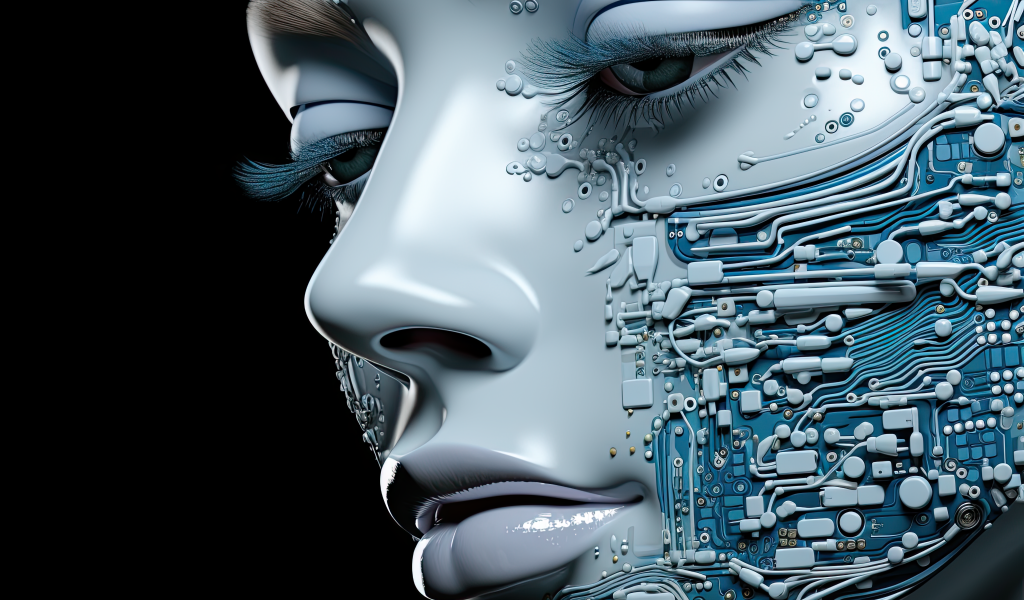 Лицо девушки робота на черном фоне 3д графика