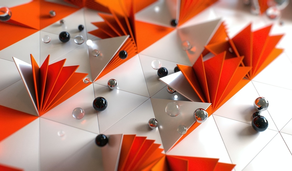 Белые и оранжевые треугольники с шариками 3д графика