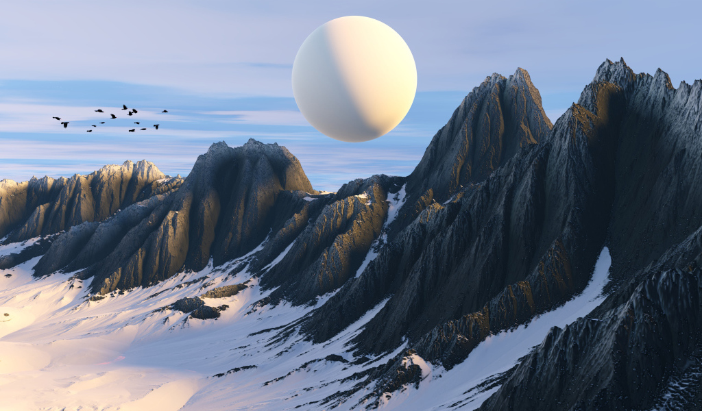 Белая планета над горами 3д графика