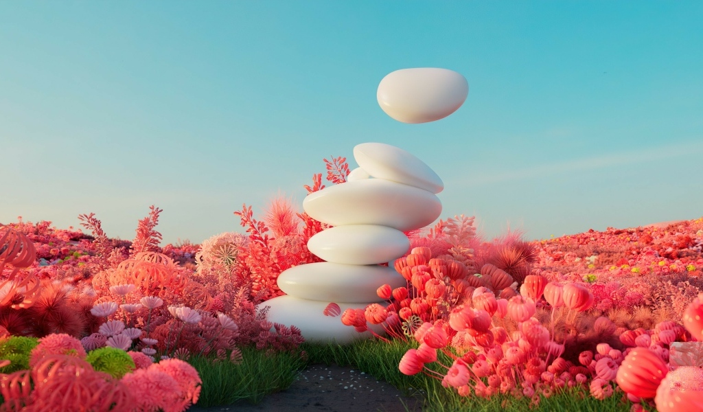 Белые камни в красных цветах 3д