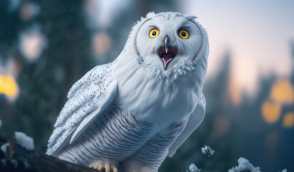 Большая белая сова с открытым клювом