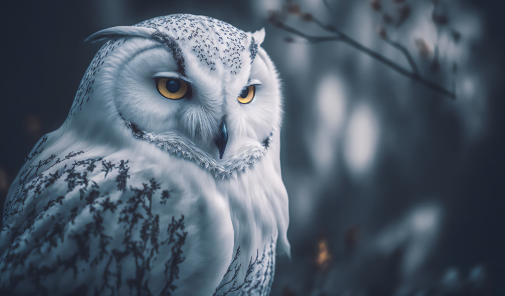 Суровая снежная сова с желтыми глазами