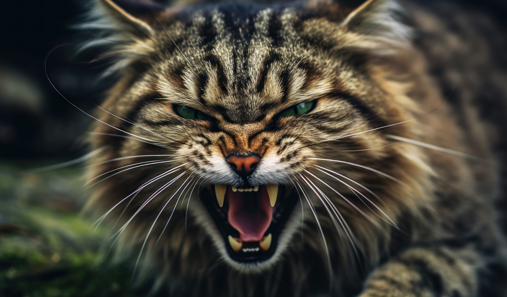 Разозлившийся кот с острыми клыками