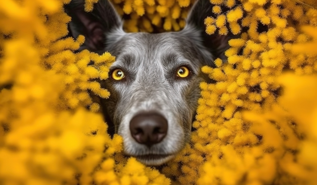 Черная собака в желтых цветах мимозы