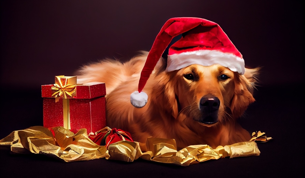 Золотистый ретривер в новогодней шапке с подарком