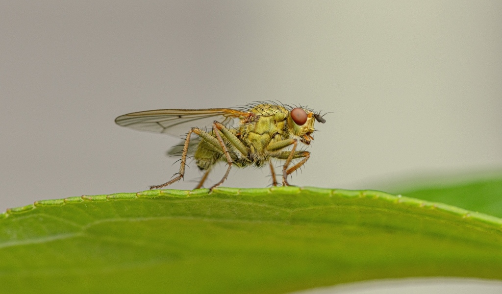 Зеленая муха сидит на листке