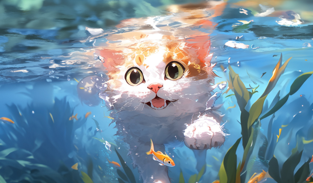 Аниме кот плавает в воде