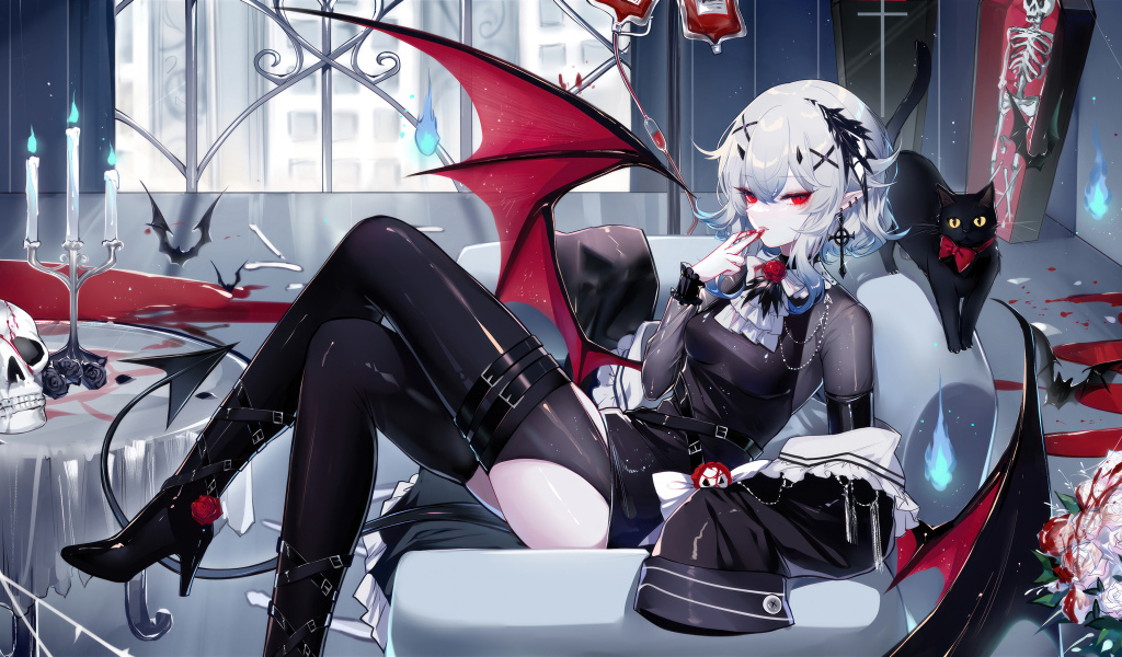 Девушка аниме демон с черным котом