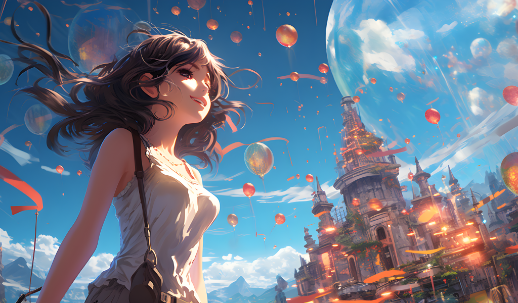 Девушка аниме на фоне замка