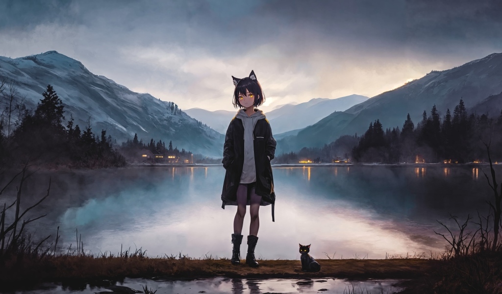 Девочка аниме у воды с котенком