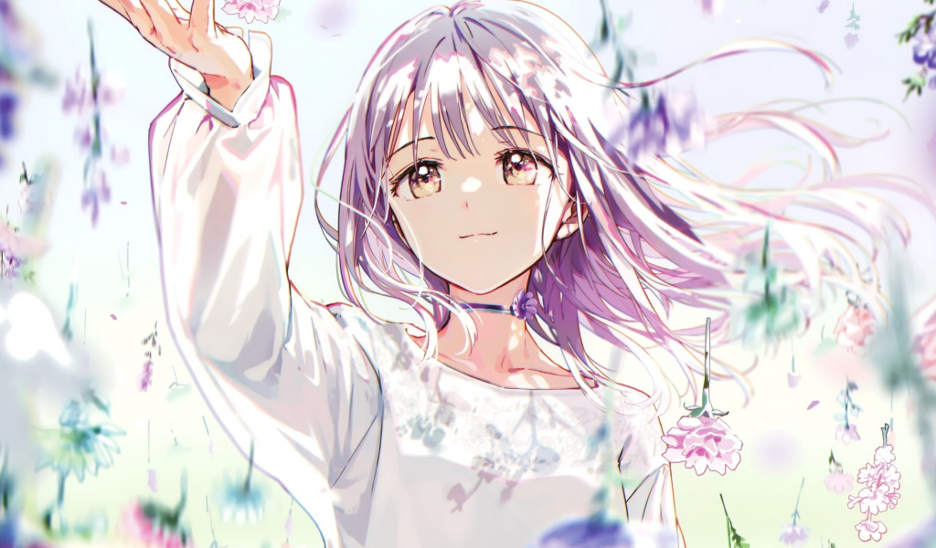 Девушка аниме ловит падающие цветы