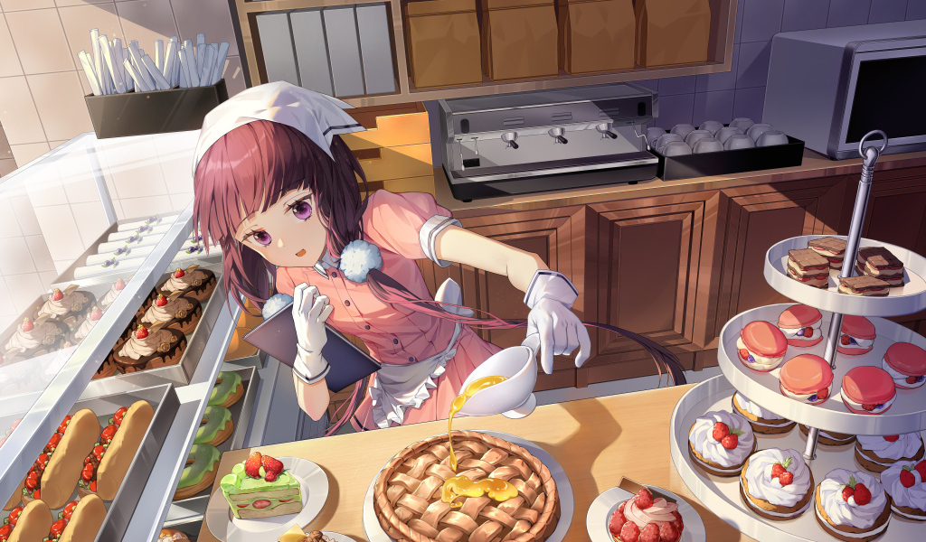 Девушка аниме готовит сладости на кухне