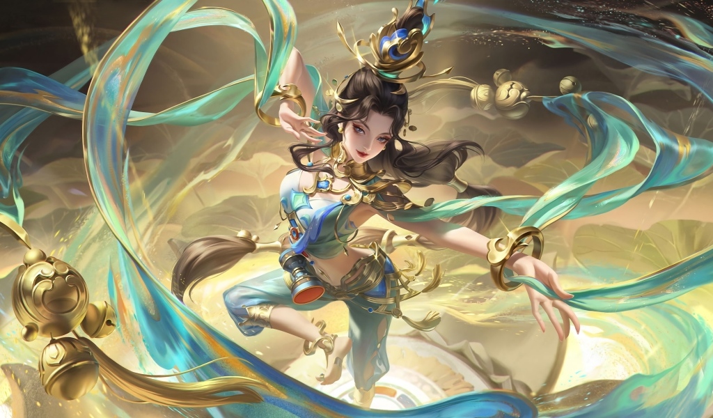 Девушка аниме танцует с голубыми лентами