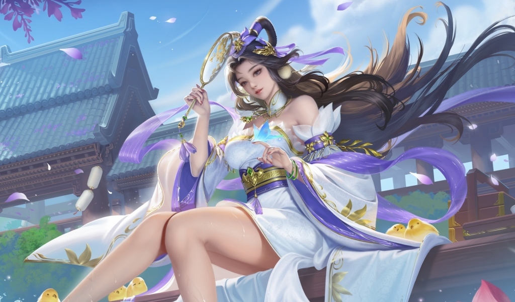 Девушка аниме в красивом платье с зеркалом