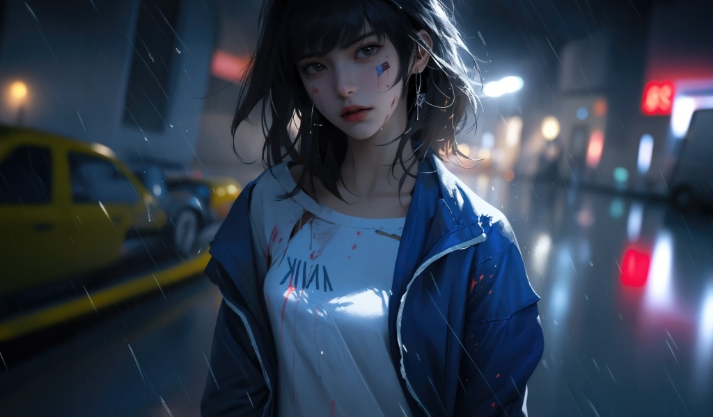 Девушка аниме в синей куртке