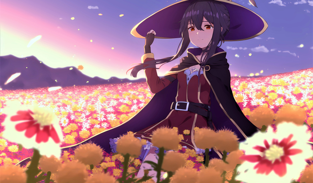 Девушка аниме в костюме на поле с цветами