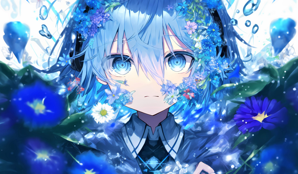 Девушка аниме в синих фантастических цветах