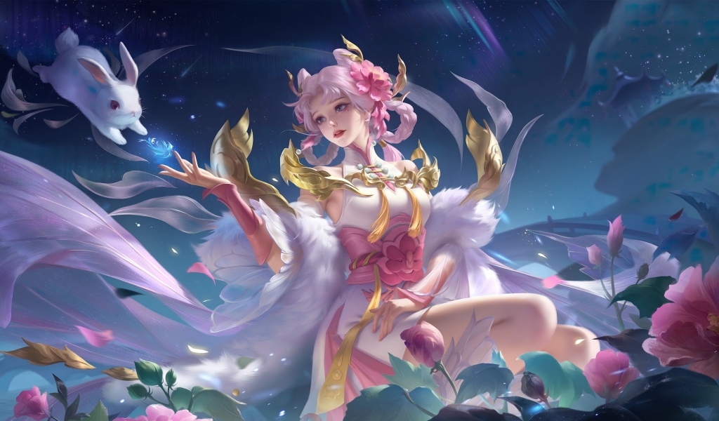 Девушка аниме в воздухе с животными