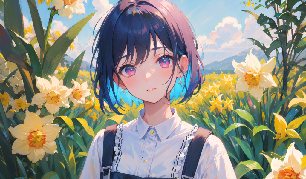 Девушка аниме на поле с нарциссами