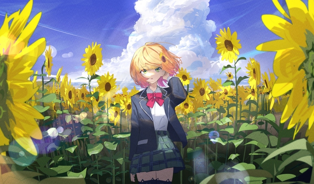 Девушка аниме на поле с подсолнухами