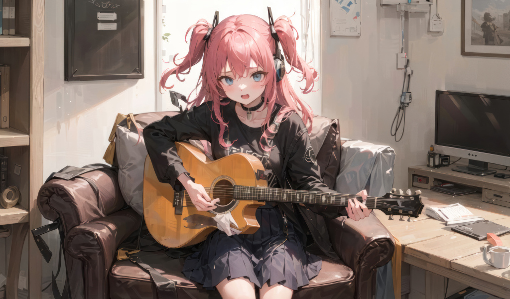 Девушка аниме играет на гитаре