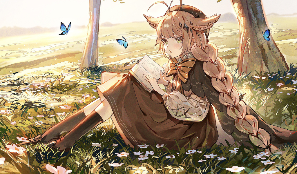 Девушка аниме читает книгу под деревом