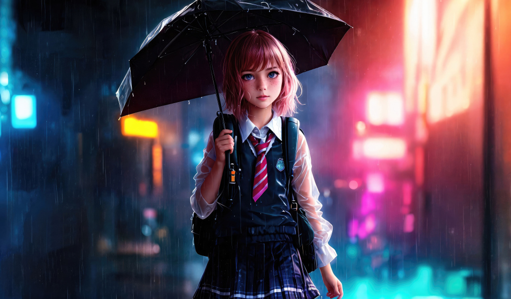 Девочка аниме школьница под зонтом