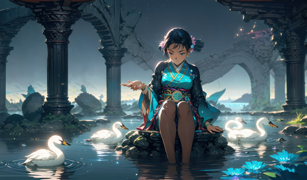 Девушка аниме сидит в пруду с лебедями