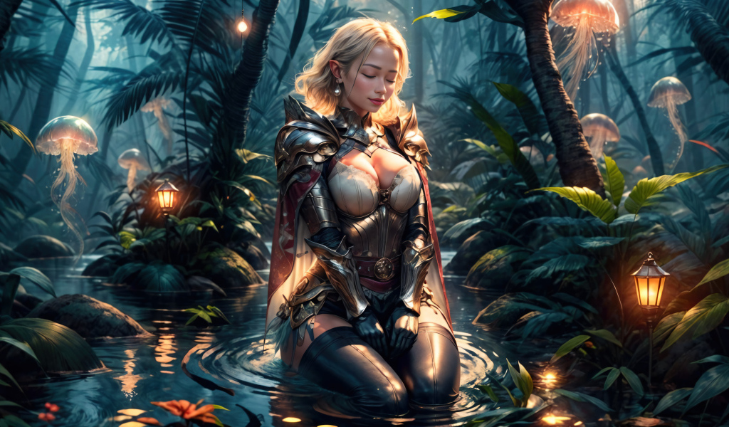 Девушка аниме сидит в воде в фантастическом лесу