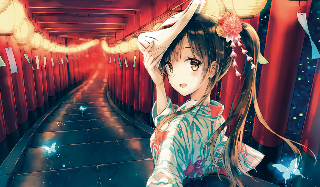 Девушка аниме снимает маску