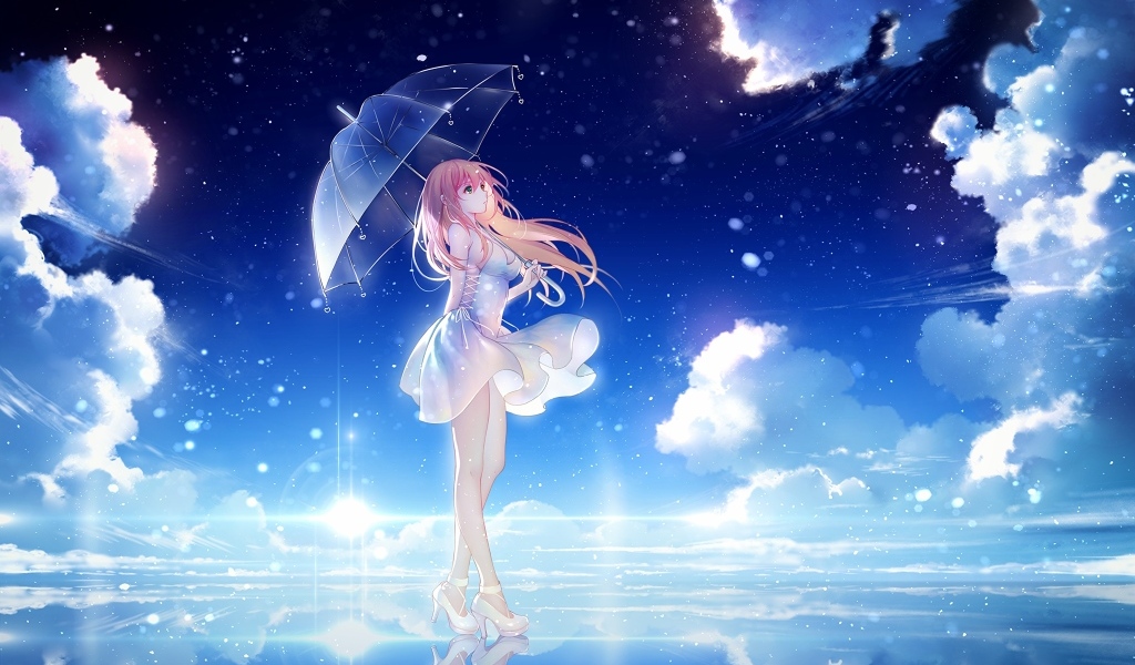 Девушка аниме под зонтом в воде