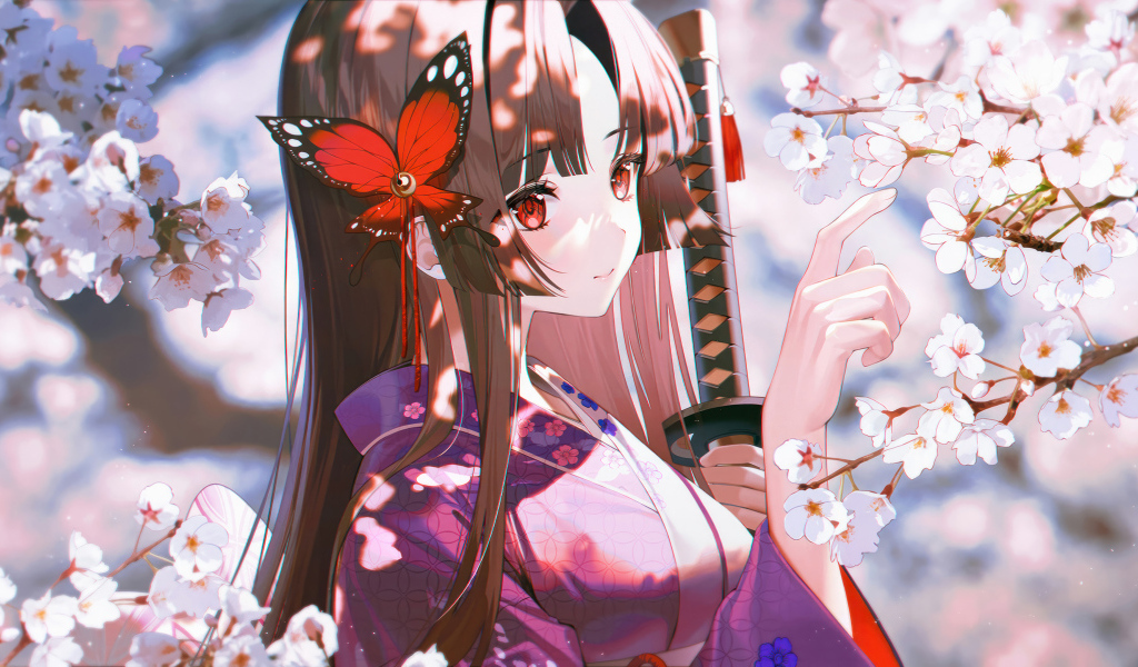Девушка аниме с бабочкой в волосах