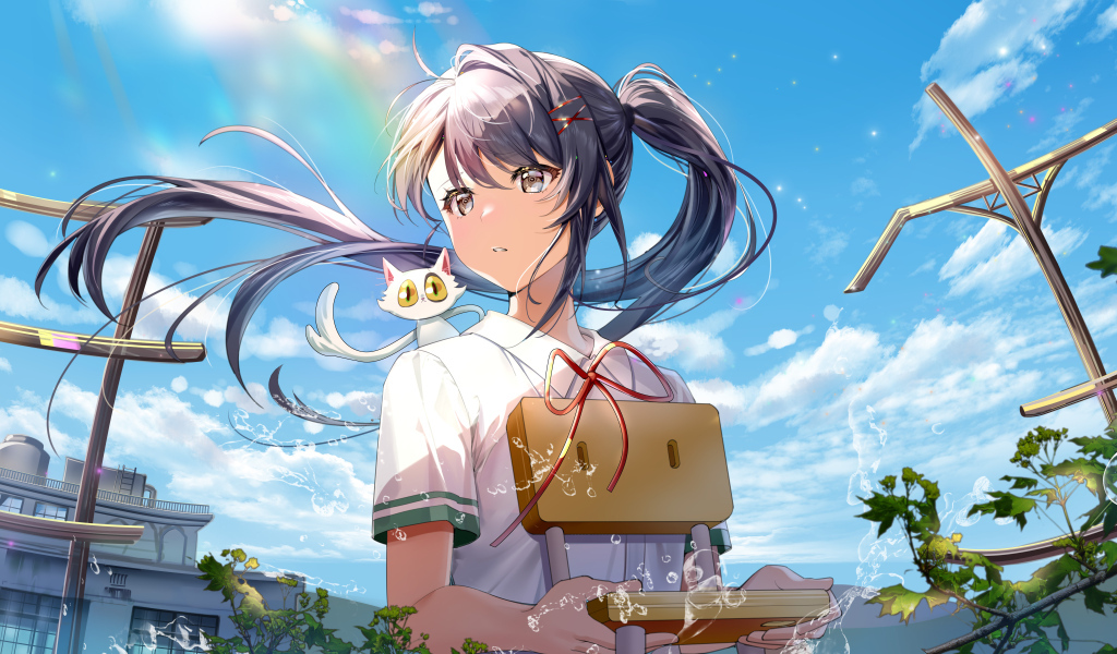 Девушка аниме с котенком на плече