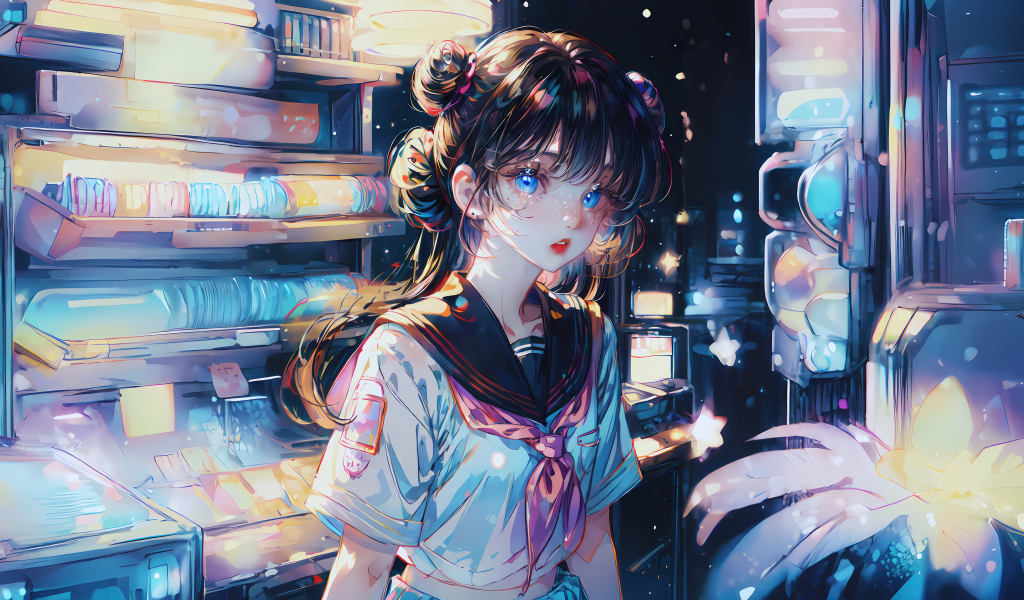 Девушка аниме с голубыми глазами в магазине