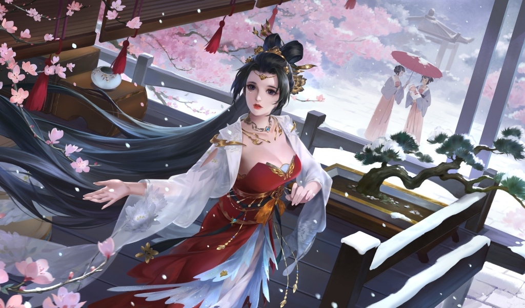 Девушка аниме с длинными черными волосами