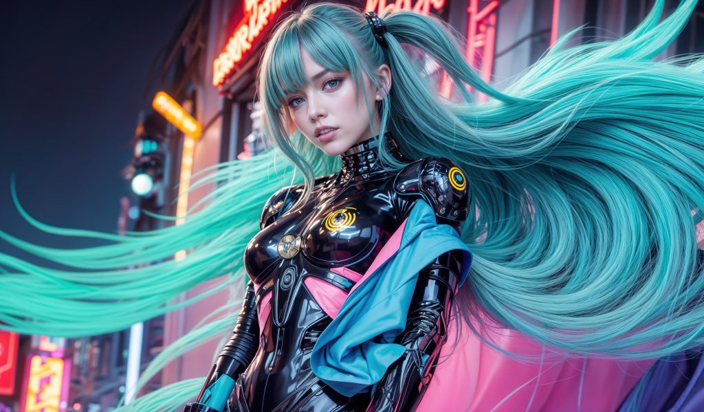Девушка аниме с длинными голубыми волосами