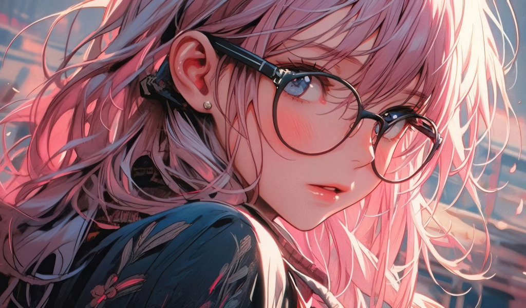 Девушка аниме с розовыми волосами в очках