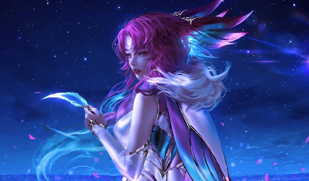 Девушка аниме с розовыми волосами с пером в руке