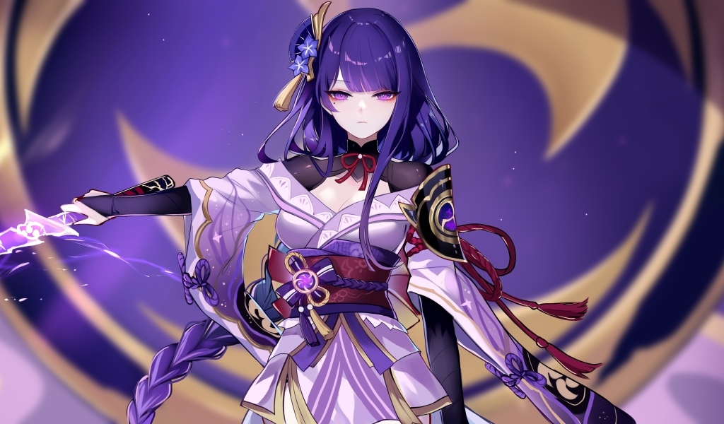 Девушка аниме с фиолетовыми волосами держит мечи