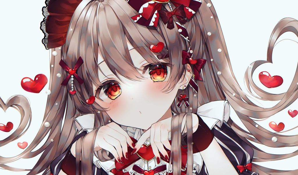 Девушка аниме с красными сердечками