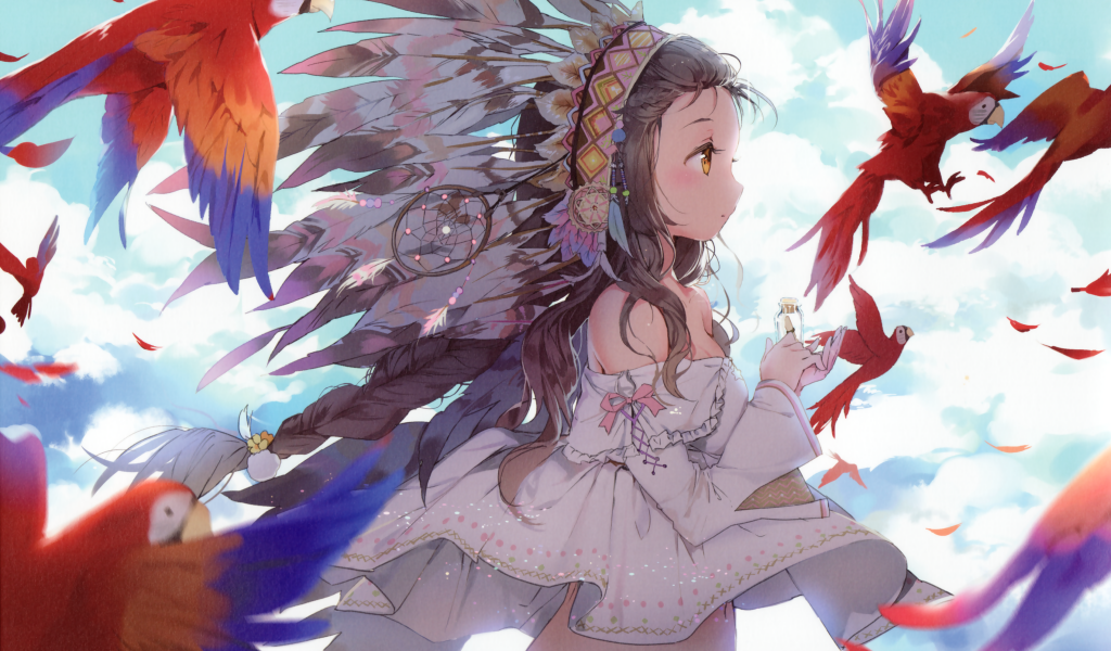 Девушка аниме с красными попугаями