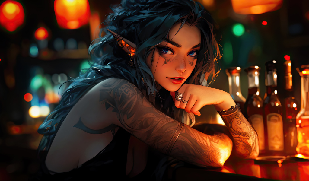 Девушка аниме с татуировками сидит в баре