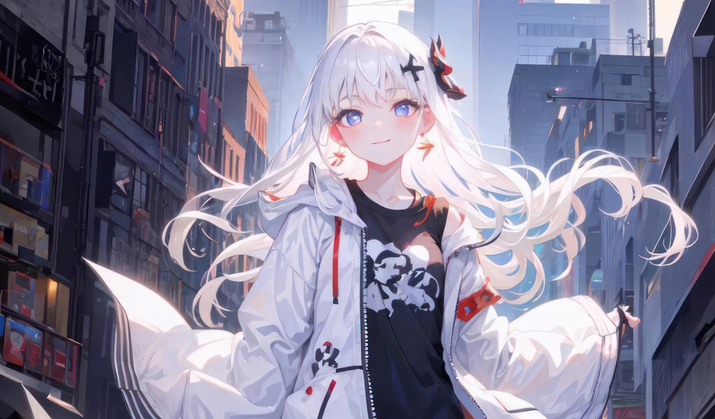 Девушка аниме с белыми волосами в городе