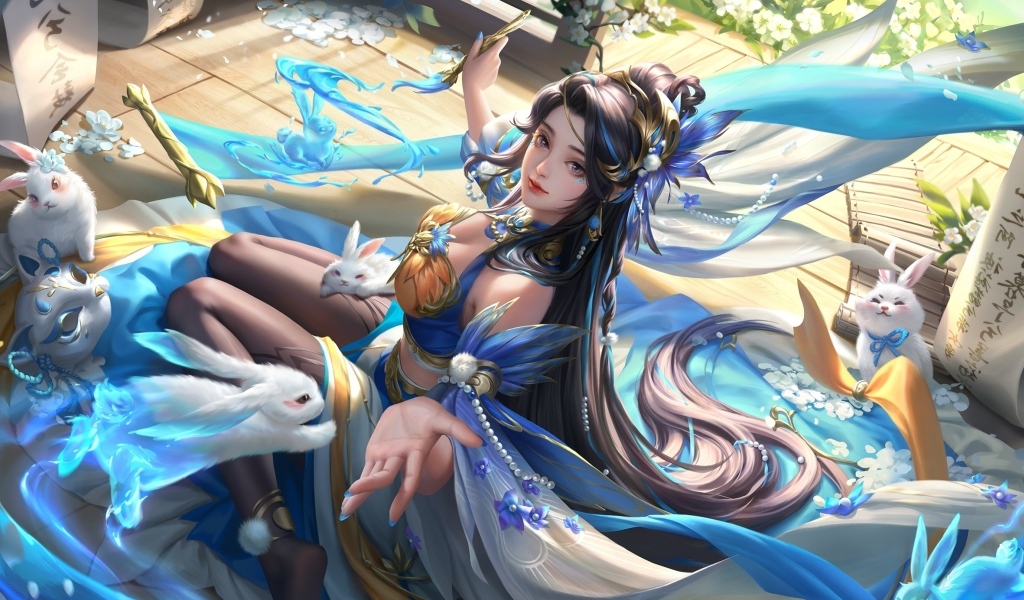 Девушка аниме с белыми кроликами