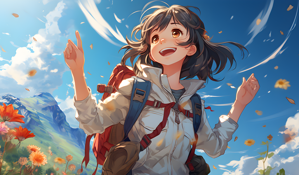 Веселая девушка аниме с рюкзаком за спиной